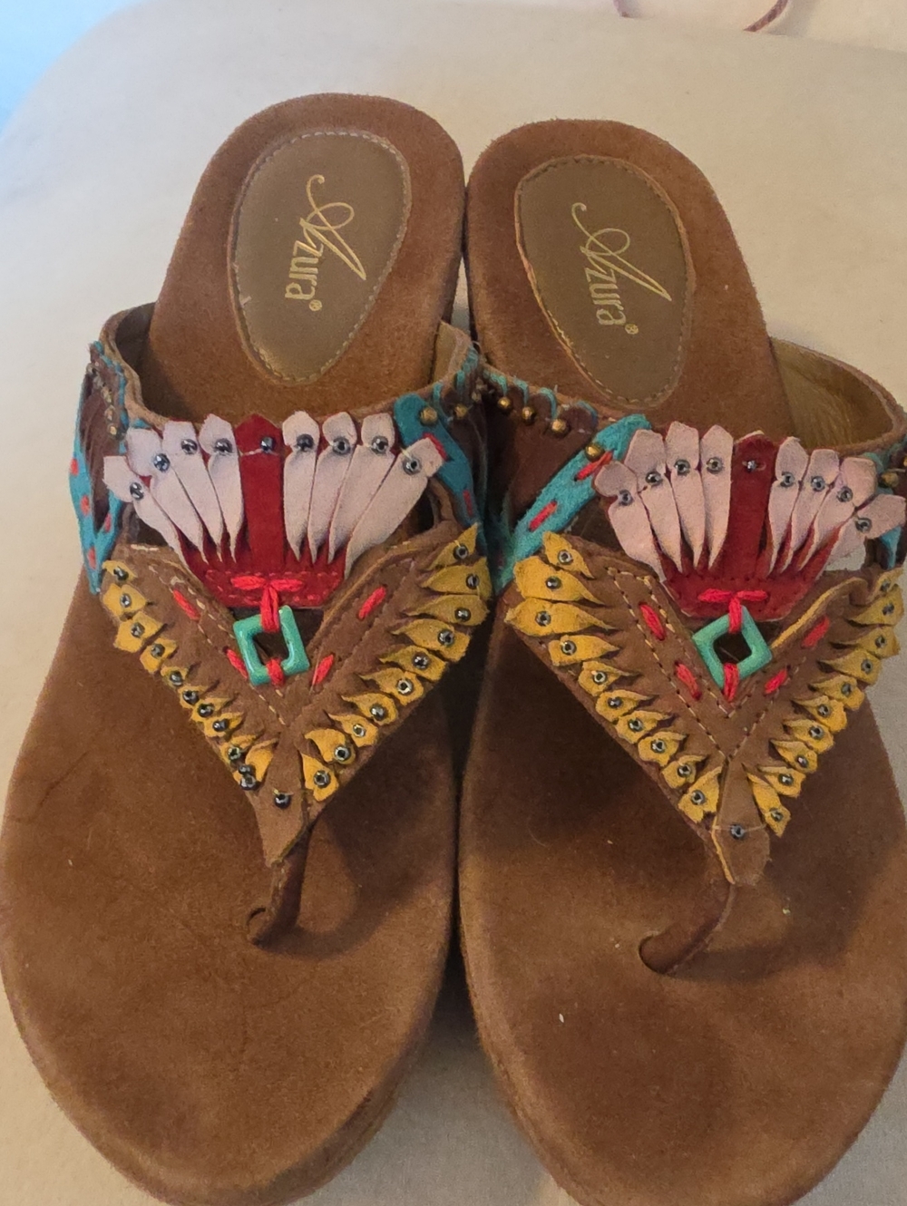 AZURA Sz 40 (9) Suede Sandals W/Southwest MultiColor Motif EUC